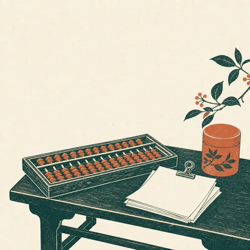 そろばんと領収書の束が置かれた机の版画風のイラスト